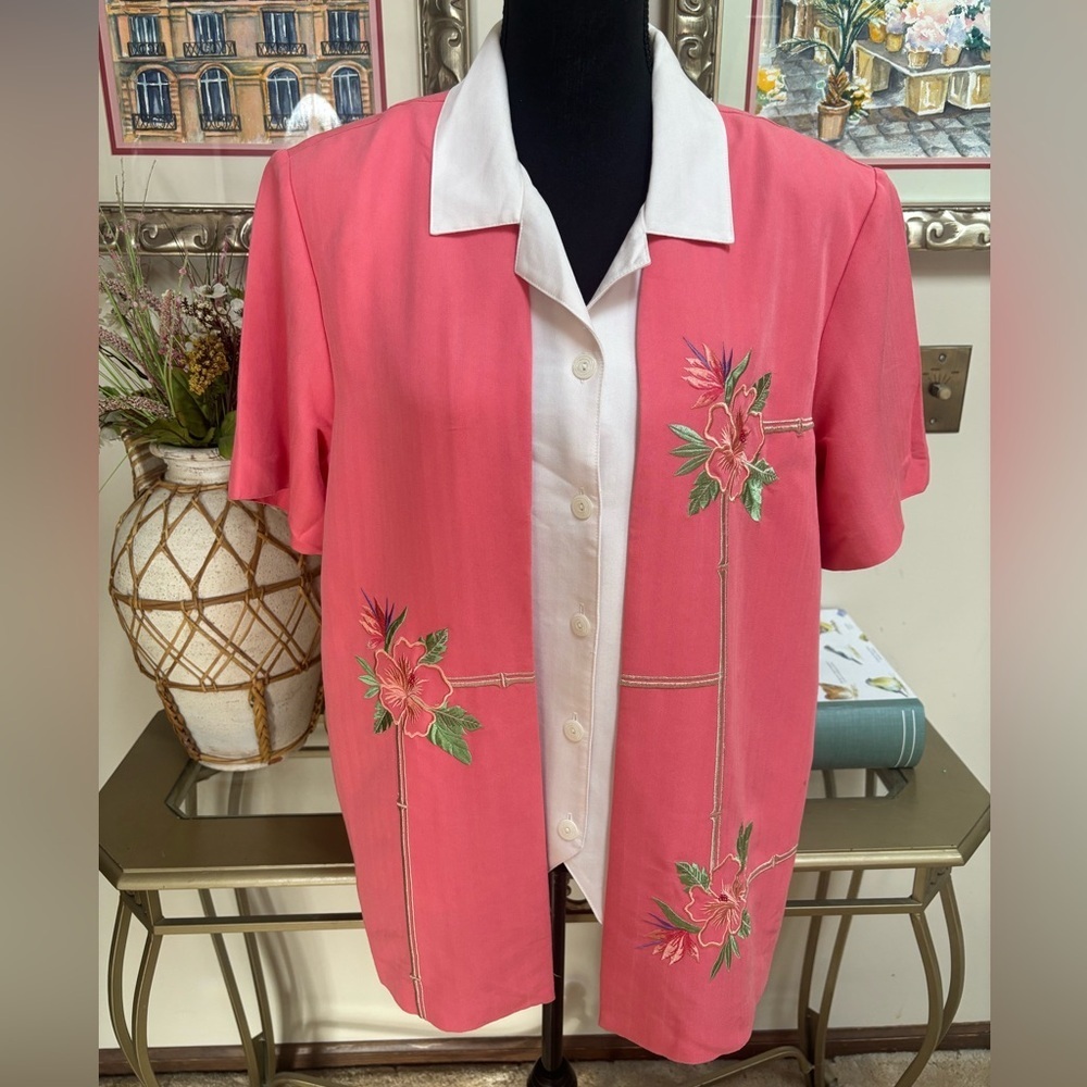 ALFRED DUNNER VINTAGE COTTAGECORE HAWAIIAN PRINT BEADED FLOWER SHIRT SZ 14